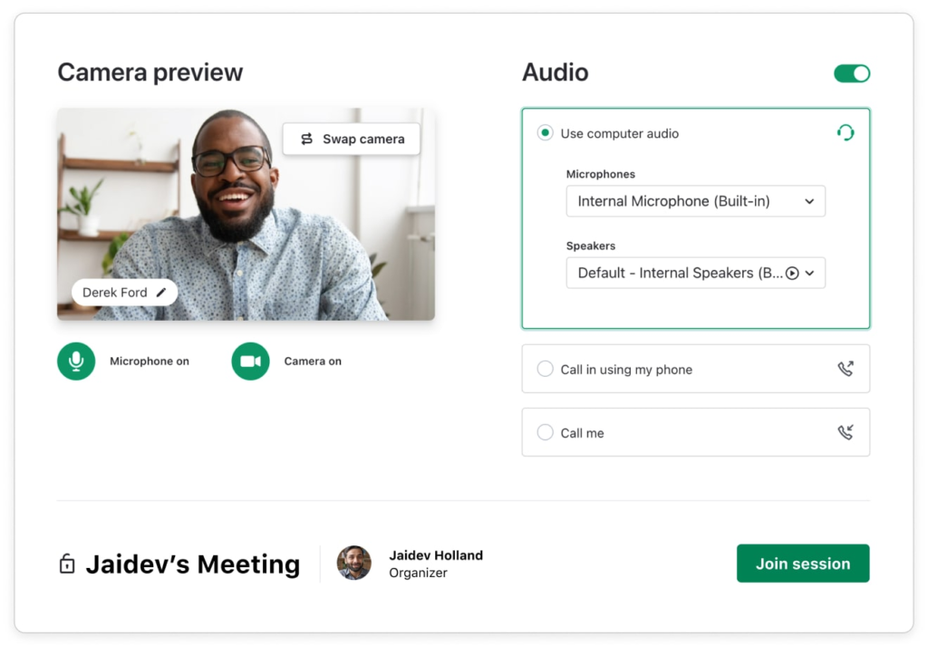 A GoTo Connect meeting camera preview with audio controls.