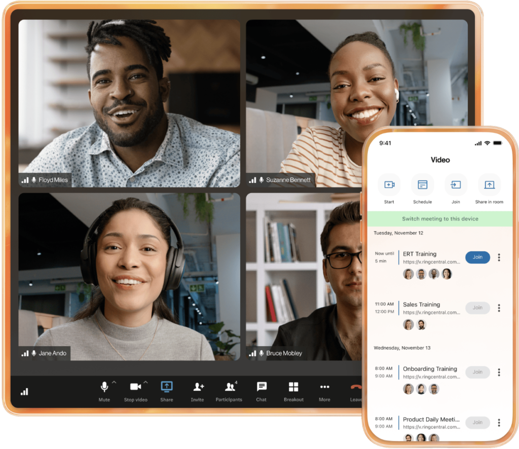 A RingCentral four-participant video meeting and a mobile app interface displaying scheduled meetings.