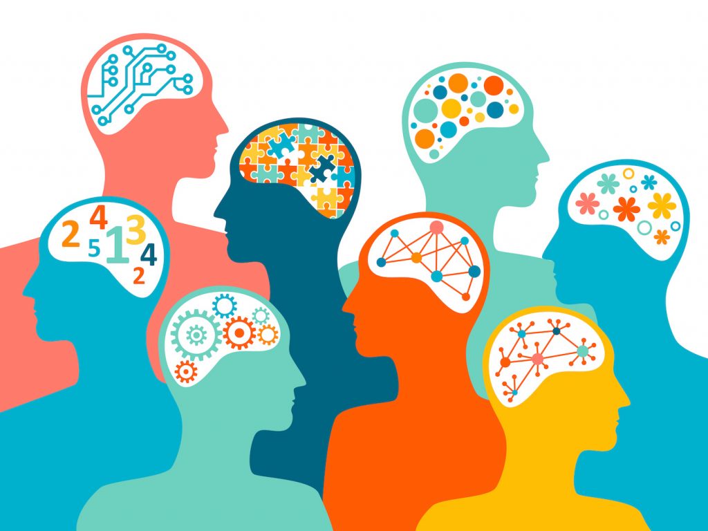 Concept of the diversity of talents and skills, with people profiles associated with different brains.