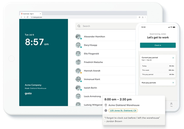 Gusto's time tracking interface on both tablets and smartphones.