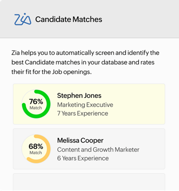 Zoho's Zia tool ranks candidate matches based on experience and fit.