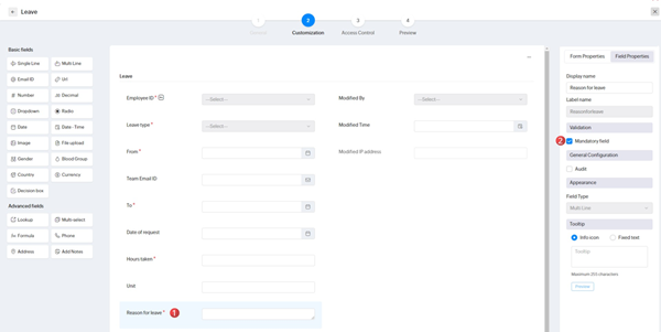 Zoho People's sandbox mode features customization options for leave requests.