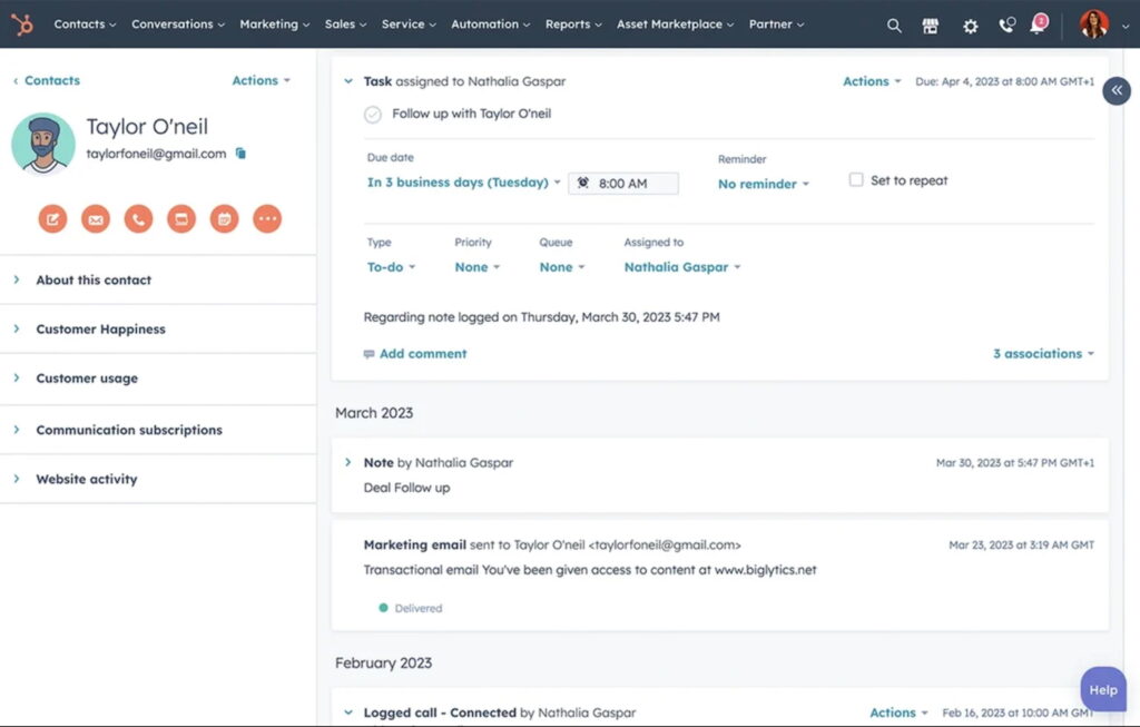 HubSpot CRM contact management with activity and conversation history.