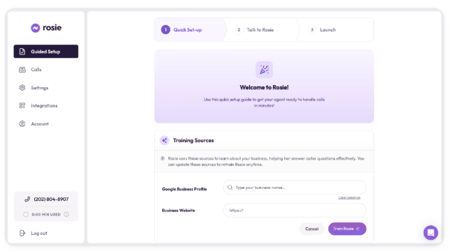 Rosie guided setup with training resources for business profiles.